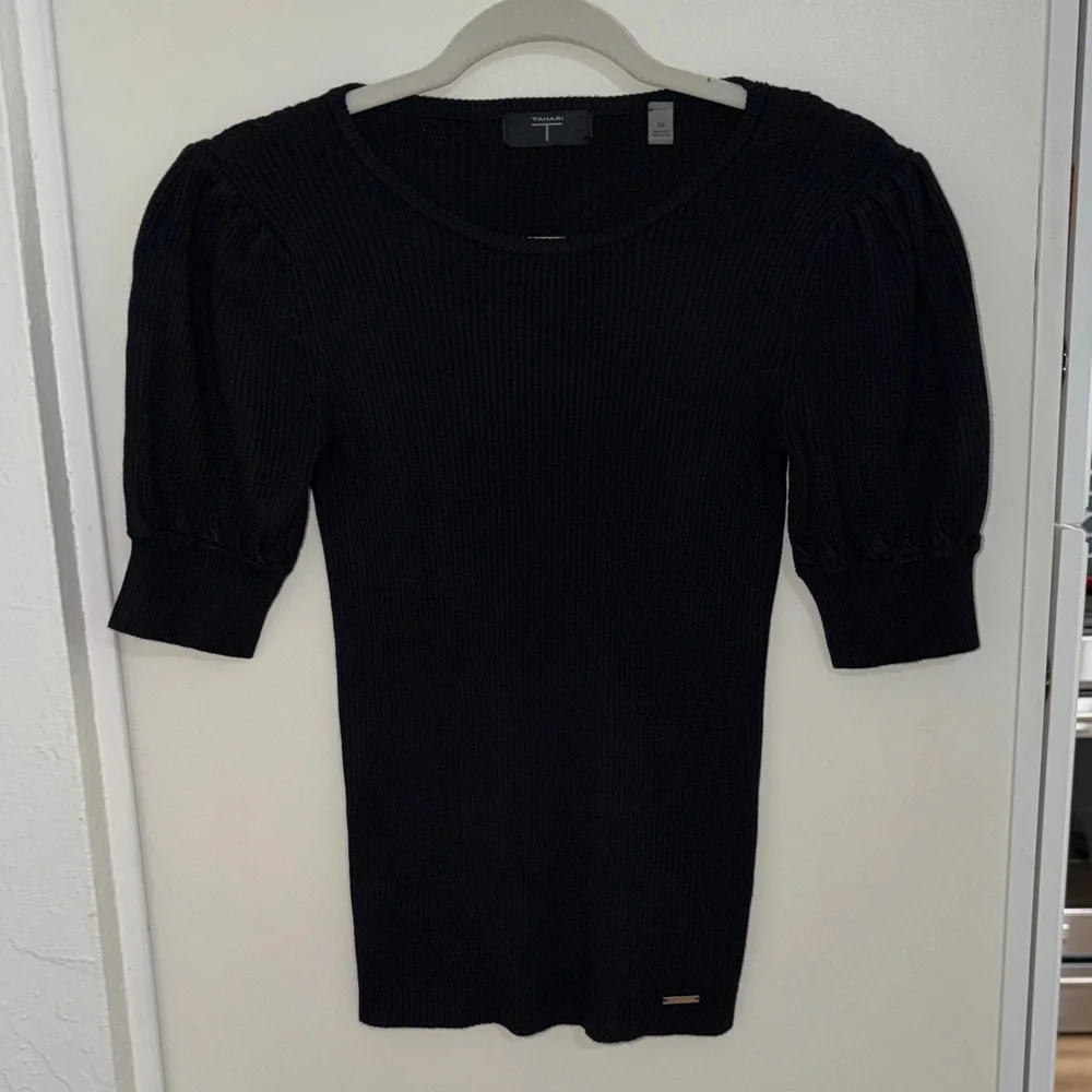 Tahari Black Ribbed Knit Sweater with puff sleeve | XS